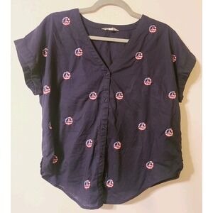 Lucky Brand Women's Top Med Navy Blue Peace Sign Tie Front Button Up 4th July